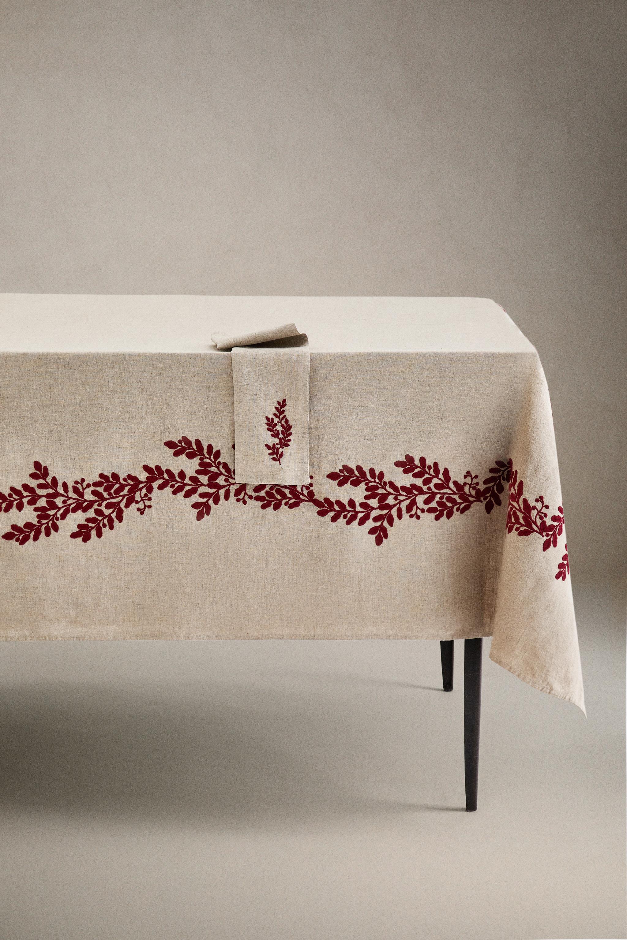 CHRISTMAS RED LEAF LINEN TABLECLOTH